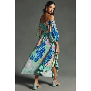 New ANTHROPOLOGIE Oopscool Off-The-Shoulder Floral Midi Dress $328 MEDIUM Green